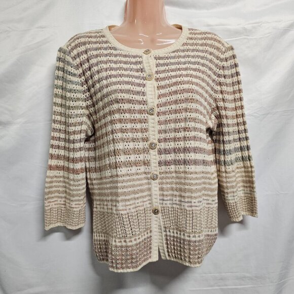 St. John Sport Button Up 3/4 Sleeve Heathered Women Size L Striped - Picture 10 of 16